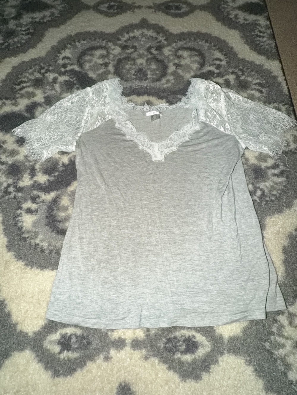 VENUS Gray V-Neck Top with White Lace Sleeves
